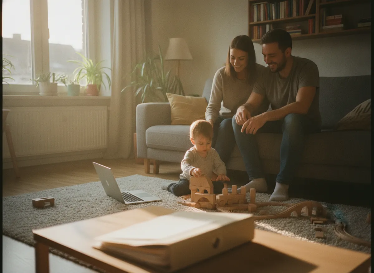 Eltern mit kleinem Kind zu Hause, Unterlagen auf dem Tisch