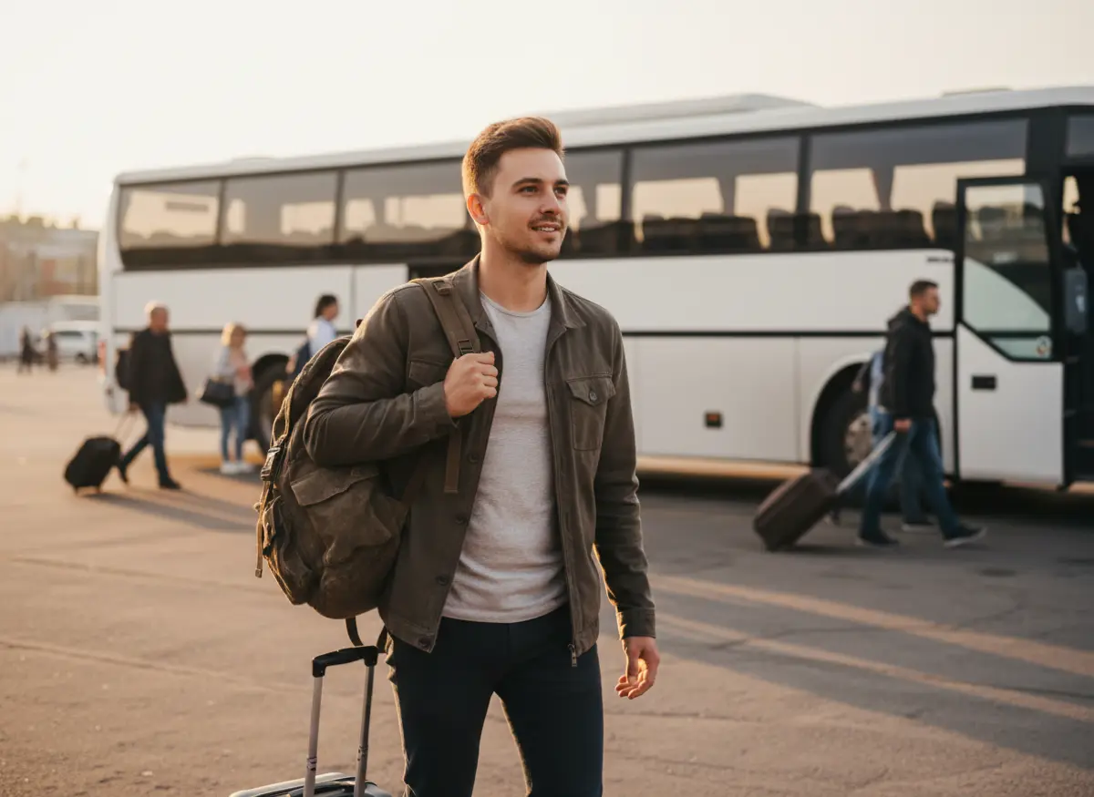 Junger Mann mit Rucksack am Busbahnhof