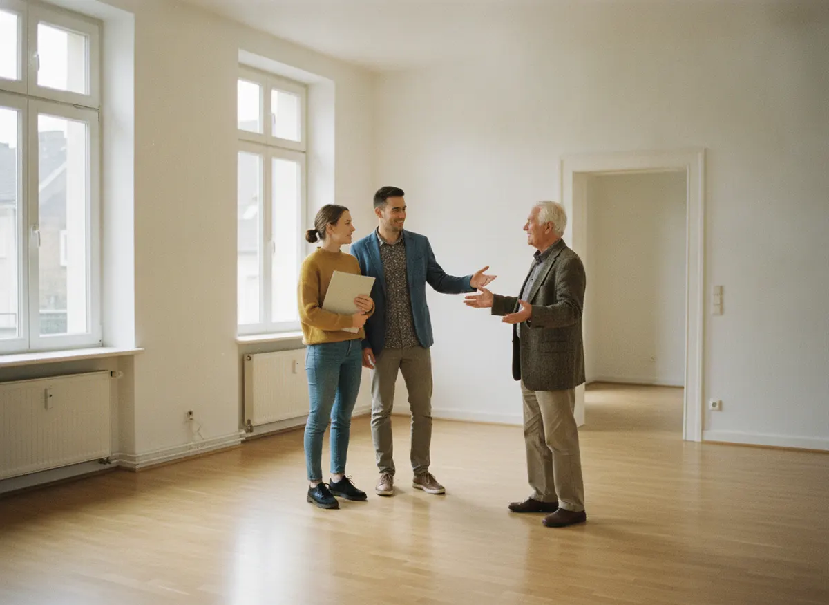 Paar bei einer Wohnungsbesichtigung mit dem Vermieter