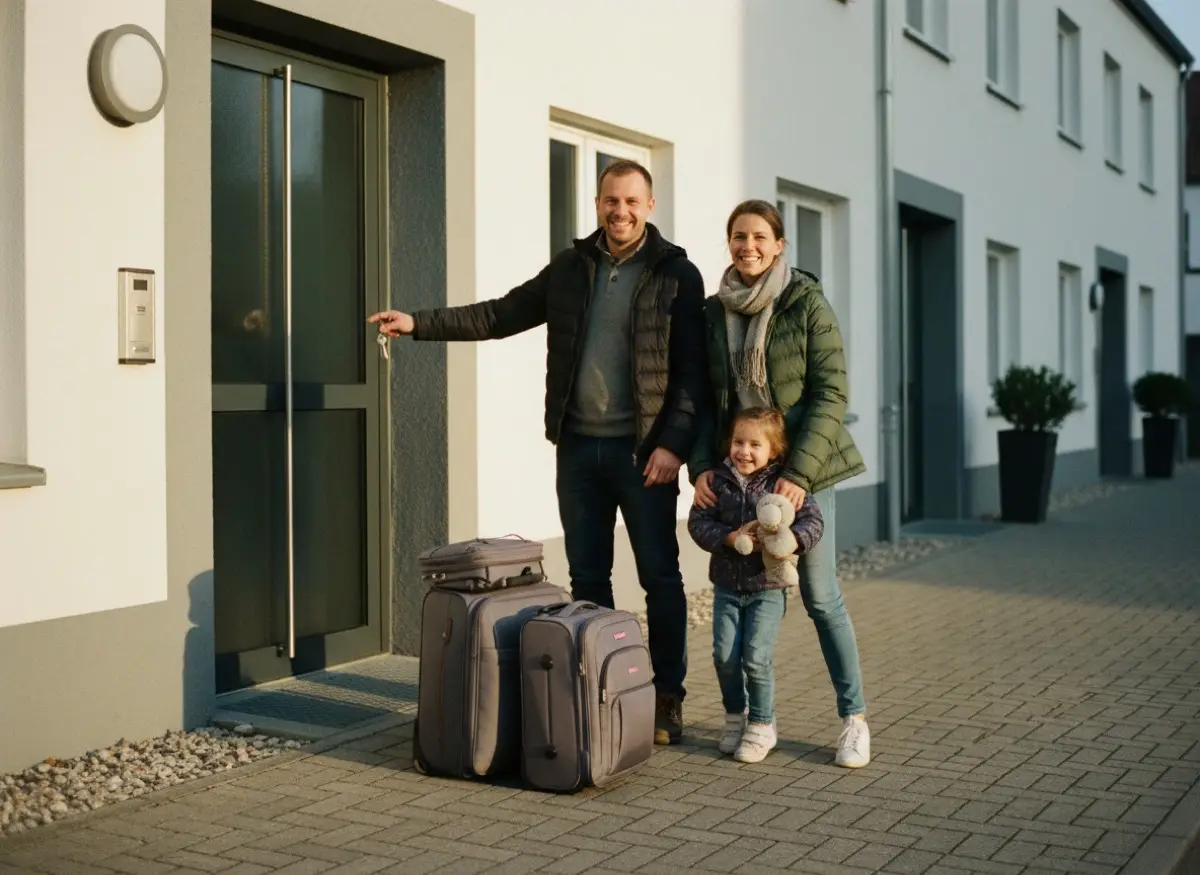 Familie mit Koffern vor einem Wohnhaus in Deutschland